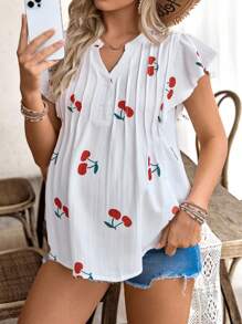 SHEIN 孕妇樱桃印花V领盖袖宽松上衣 - 白色 - 查看 5