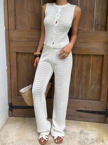 Sunnyshic 2 pièces set Pulls ajourés décontractés pour femmes, pour le quotidien et les vacances, design minimaliste - Blanc - Voir 6