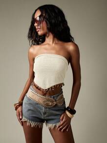 MISSGUIDED 水晶装饰抹胸短款上衣露肩夏季节日针织系带波西米亚风西部风时尚流苏细节沙滩装 - 白色 - 查看 5