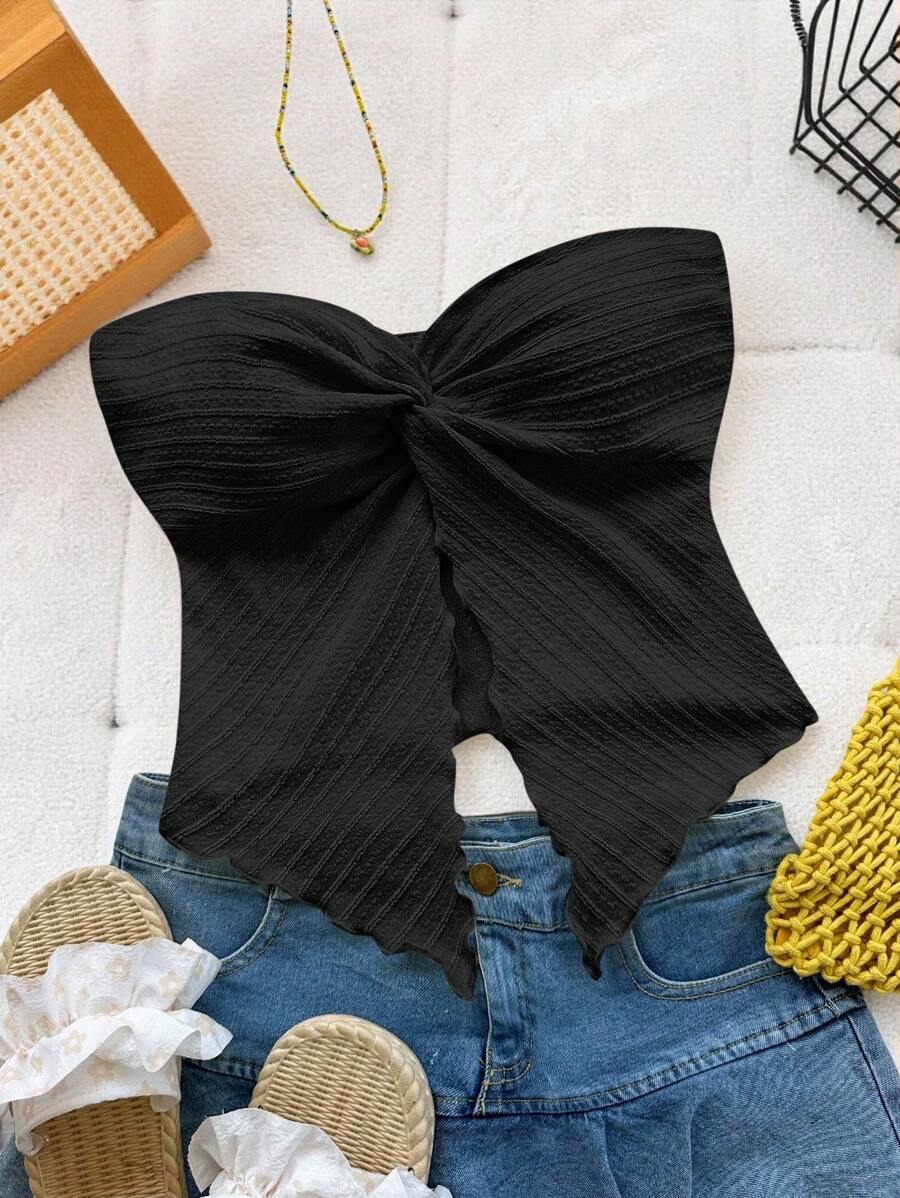 SHEIN Tween Girl Casual Minimalist Comfortable Asymmetrical Hem Cropped Tank Top - Black - View 1