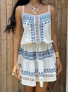 Lyxana Women's Casual Holiday Retro Print Patchwork Ruffle Strap Mini Dress, Summer - Multicolor - View 5