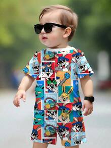 SHEIN 2 件套男童休闲卡通图案圆领短袖 T 恤和短裤套装，适合夏季 - 彩色 - 查看 2
