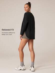 GLOWMODE Pima Cotton Oversized Long Sleeve Curved Slit Hem Round Neck Tee Daily Casual - Black - View 2