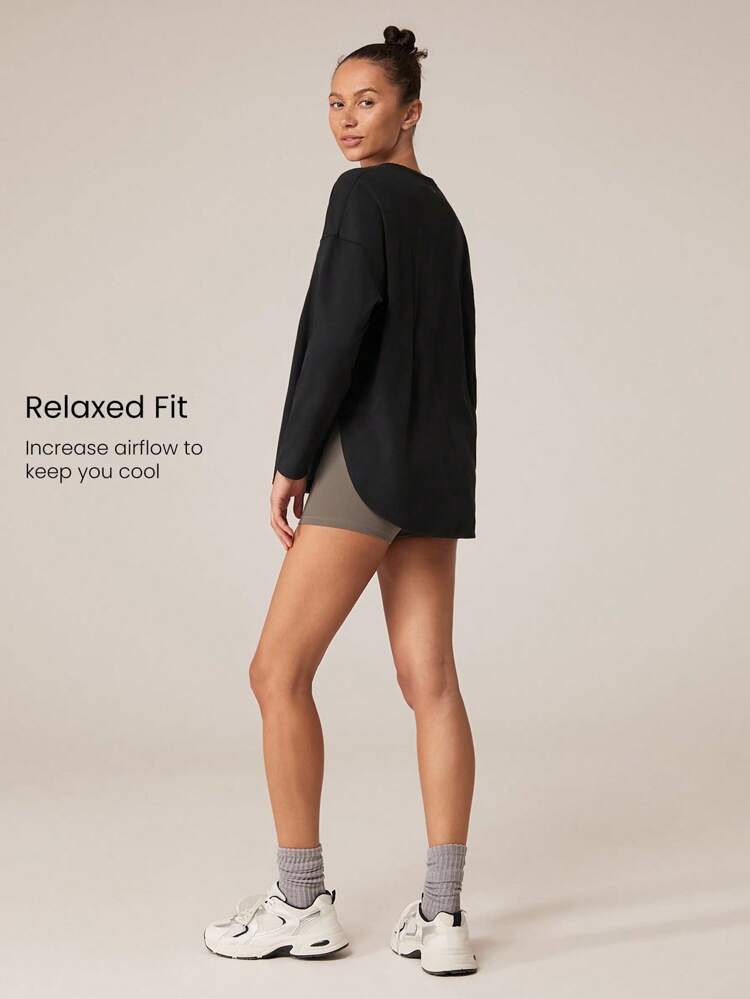 Pima Cotton Oversized Long Sleeve Curved Slit Hem Round Neck Tee Daily Casual