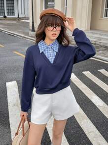 SHEIN Girls American College Style 2 In 1 Plaid Patchwork Collared Sweatshirt Fall Winter - Navy Blue - View 6