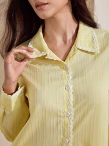 Graceveil Áo sơ mi dài tay giản dị trang trí hoa màu kem, mùa hè - Màu vàng - Xem 1