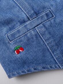 SHEIN 1 套女婴水洗蓝色休闲修身可爱樱桃刺绣牛仔背心和时尚樱桃刺绣牛仔短裤，2 件套服装，简约时尚百搭日常穿着 - 中等水洗藍 - 查看 8