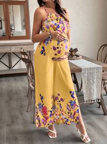 SHEIN 不对称印花长肩带孕妇连体裤 - 黃色 - 查看 6