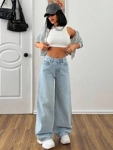 EURMUSE Quần Jeans Ống Rộng Nâng Ngực Cạp Cao Màu Xanh Da Trời Thập Niên 90 - Rửa nhẹ - Xem 6