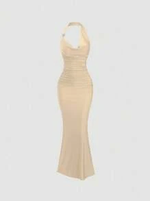 Sweetra 性感别致纯色露背修身高品质复古垂坠领长裙 - 卡其色 - 查看 7