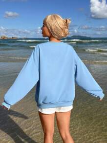 Muchica Áo nỉ dài tay rộng in họa tiết nơ ren trắng tối giản giản dị dành cho nữ, phù hợp cho mùa thu đông - Màu xanh bụi bặm - Xem 10