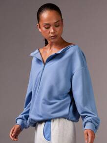 Athîral 女士纯色落肩拉链宽松休闲卫衣，返校季，秋季女装，大码 - 藍色 - 查看 3