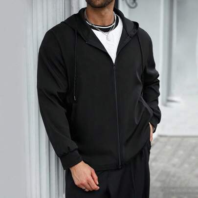 플러스플러스 사이즈 남성용 단색 긴소매 드로스트링 후드 캐주얼 재킷, 남성용 블랙 지퍼업 후드티, 남성용 지퍼업 후드티, 블랙 지퍼 후드티 남성용, 가을