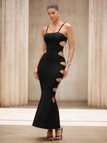 SHEIN Unity Party Women Clothes,Night Out,Women's Knitted Sleeveless Sexy Hollow-Out Slim Fit Long Dress, Fashion And Stylish Summer Dress - Black - View 5