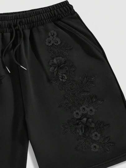 Grunge Punk Pantalones cortos casuales con decoración de parches florales para hombres, adecuados para primavera y verano