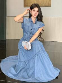 DAZY Women's Summer Turndown Collar Short Sleeve Belted Bowknot Denim Cake Dress, Casual Skater Dress - Medium Wash - View 4