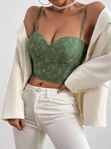 Zolique 夏季假日花卉印花蕾丝紧身胸衣鱼骨结构修身吊带背心图案 T 恤女式上衣 - 綠色 - 查看 6
