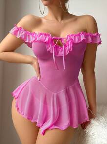 SHEIN Váy ngủ màu hồng nhạt bán trong suốt có viền cổ bèo nhún cho nữ Váy ngủ màu hồng Babydoll Đồ ngủ trong suốt xếp nếp màu hồng, Đi chơi - Màu Hồng Tươi - Xem 5