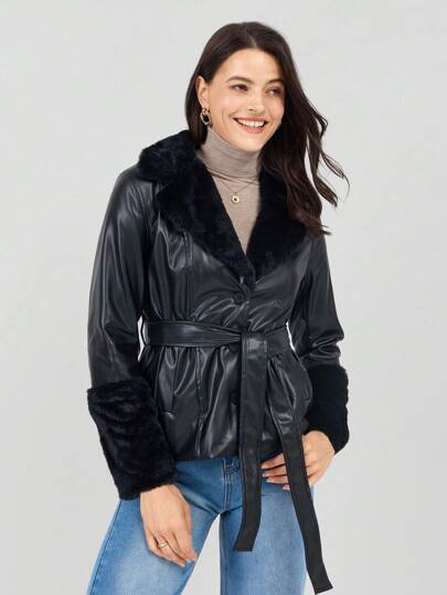 Miaspire Solid Color Long Sleeve Casual PU Patchwork Waisted Jacket With Drawstring