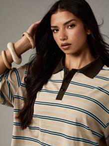 MISSGUIDED 复古条纹橄榄球 Polo 衫休闲学院风超大长款半袖领秋冬日常时尚必备 - 彩色 - 查看 5