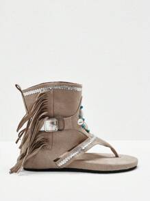 Styleloop Women's Flat Sandals, Boho Style, Retro American, Bohemian, Western, Music Festival, Party Outfit - Khaki - View 2