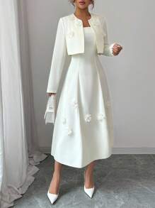 Modelyn 2件套女士无袖花卉装饰短款夹克套装 - 杏色 - 查看 4