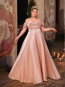 Glamrae 大码优雅浪漫香槟色闪亮缎面手工串珠荷叶边 A 字晚礼服（重饰设计） - 香檳色 - 查看 2