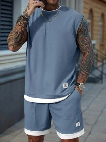 Manfinity CasualCool Men's Casual Letter Patched Round Neck Tank Top And Shorts Set, Summer Blue Two Piece Set Men, Cozy Outfits - Dusty Blue - View 6