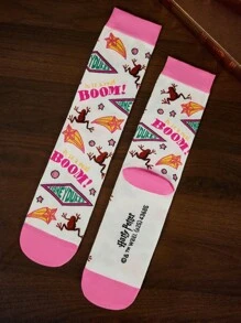HARRY POTTER X SHEIN 4 Pairs Soft & Breathable Moisture-Wicking Casual Women Crew Socks With Fashionable And Cute Pink Crew Socks Reinforced Toe & Heel For Durability Unisex For Men & Women All Season All-Match,Christmas