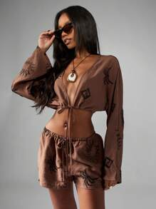 MISSGUIDED 刺绣亚麻短款上衣和短裤节日沙滩装夏季套装，带太阳图案长袖，前部系带细节，松紧腰带 - 卡其色 - 查看 3