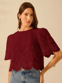 CAJUNI Áo crop top ren khoét vai đơn giản cho kỳ nghỉ của phụ nữ - Màu Đỏ Sâu - Xem 4