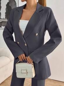 EURMUSE Completo casual da donna: giacca doppiopetto a manica lunga con collo a risvolto in colore unito e pantaloni - Grigio Scuro - Visualizzare 3