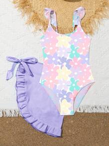 Traje de baño de una pieza para niña preadolescente con estampado floral y falda de volantes