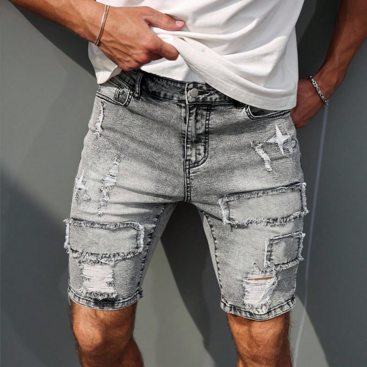 Pantalones cortos informales de mezclilla desgastados para hombre, para verano