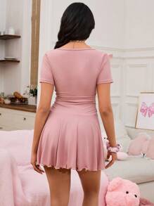 SHEIN 休闲舒适纽扣荷叶边下摆女式家居服连衣裙 - 粉色 - 查看 2