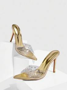 CUCCOO SZL Women Transparent TPU Rhinestone-Embellished Metal Pointed Toe Sexy Fashion Mule High Heel Sandals - Gold - View 2
