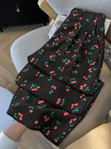 SHEIN Essnce 大码女装春夏时尚休闲宽松舒适清凉日常樱桃印花黑色松紧腰阔腿裤，女式下装，曲线可爱服装，外出装，秋装，宽松裤