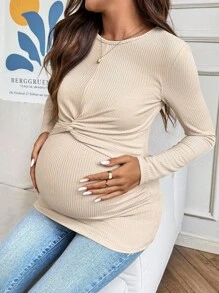 SHEIN Casual Versatile Solid Color Twist Front Maternity Nursing Top - Apricot - View 5