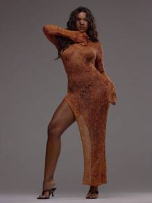 MUSERA 喇叭形长袖做旧针织不对称下摆长裙，适合节日、音乐会、锐舞派对、夜店、夏季、性感后台、假日海滩婚礼宾客、优雅约会、秋冬季等场合。