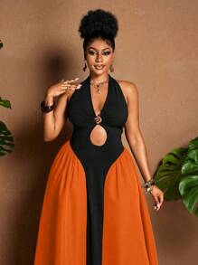 Maweii Plus Size Women Plunging Neckline Lace-Up Metallic Buckle Asymmetric Hem Semi-Sheer Split Side Sexy Summer Vacation Dress - Multicolor - View 3