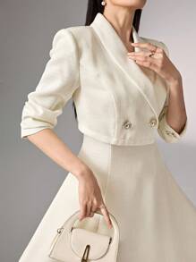 Heiryn 女士优雅纯色披肩领 3/4 袖夹克和无袖连衣裙套装秋冬 - 米色 - 查看 2