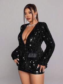 NU&NOW 大码女式迷人单排扣腰部夹克，适合派对和场合，黑金色，亮片天鹅绒面料，闪闪发光，长袖 - 黑色 - 查看 7