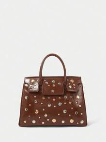 SHECARRY 女士手提包，手提包，时尚，优雅，简约，个性，百搭，经典，金银铆钉，适合通勤、办公、约会、日常、购物、下午茶 - 棕色 - 查看 2