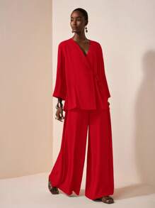 Zivah 2025 Summer New Arrival, Music Festival, Graduation Season, College Style, Student Wear, Daily Casual, Vacation, Beach, Sunbathing, Streetwear, Dark Brown Textured Fabric, Linen Kimono Style Belted Shirt And Wide Leg Pants 2 Pieces Set - Red - View 5