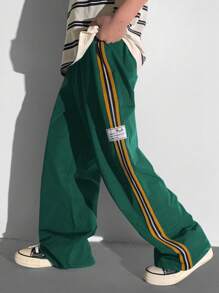 Tween Boys Casual Versatile Comfortable Colored Webbing Letter Woven Label Straight Loose Woven Plain Pants, Suitable For Commuting, School, Daily, Vacation, Sports, Spring/Summer/Fall/Winter