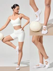 GLOWMODE 3双防滑绑带无缝趾结构踝部瑜伽普拉提黑色袜子 - 白色 - 查看 8