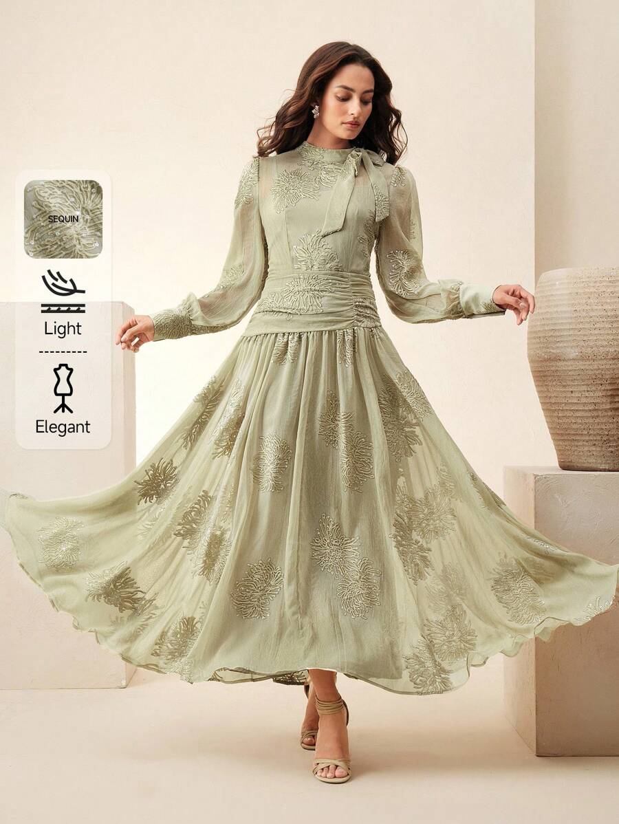 Anewsta Elegant Embroidered Beaded Dress With Waist Cinching And Flared Skirt - Green - View 1