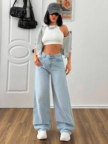 EURMUSE Quần Jeans Ống Rộng Nâng Ngực Cạp Cao Màu Xanh Da Trời Thập Niên 90 - Rửa nhẹ - Xem 2