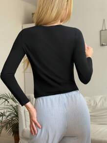 CovetEZ Casual Black Fashionable Casual Daily V-Neck Knitted Women's Tight Long Sleeve Comfortable T-Shirt Top - Black - View 2