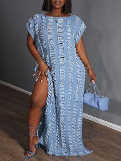 Slaydiva 大码夏季时尚派对高开叉超长牛仔连衣裙